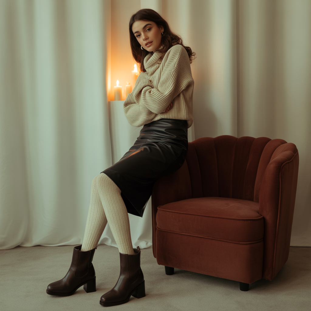 Faux Leather Skirt and Chunky Sweater