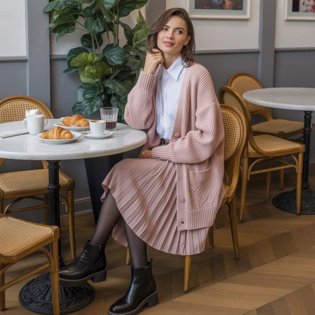 Cardigan Set with Pleated Skirt