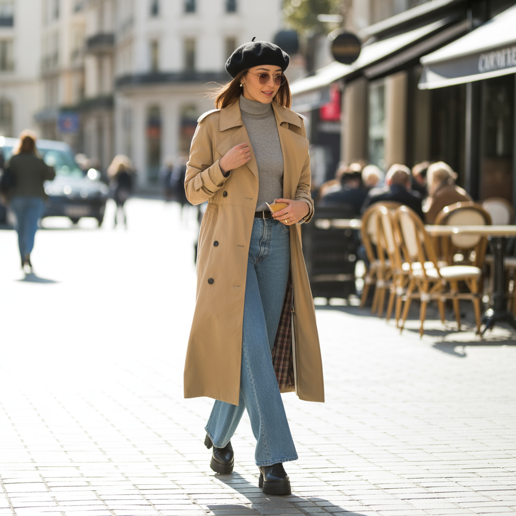 Trench Coat over Wide-Leg Jeans