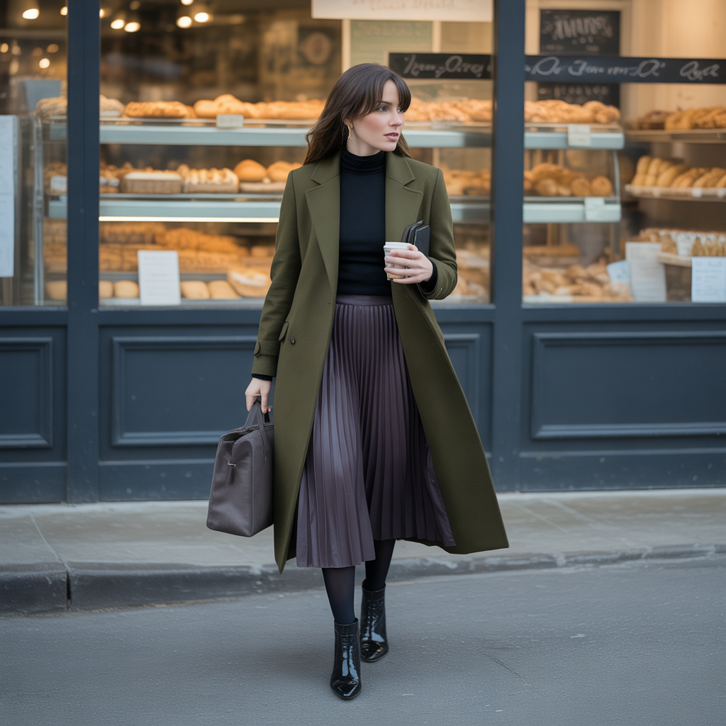 Wool Coat with Midi Skirt and Tights