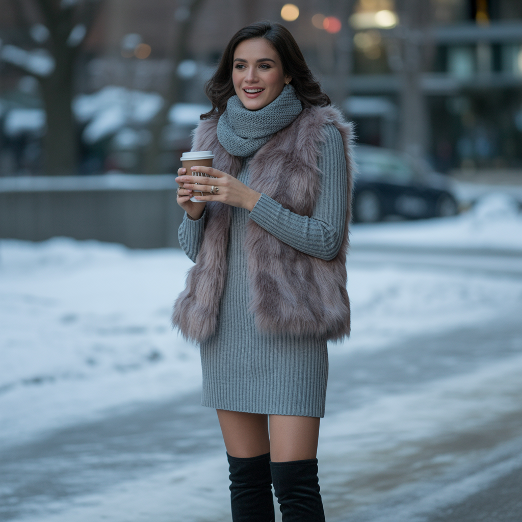 Faux Fur Vest over a Sweater Dress