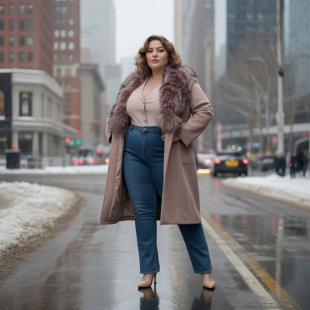 Plus Size Winter Outfits: 18 Chic Ideas to Stay Warm & Stylish 11 Faux Fur Trim Coat with Slim Jeans