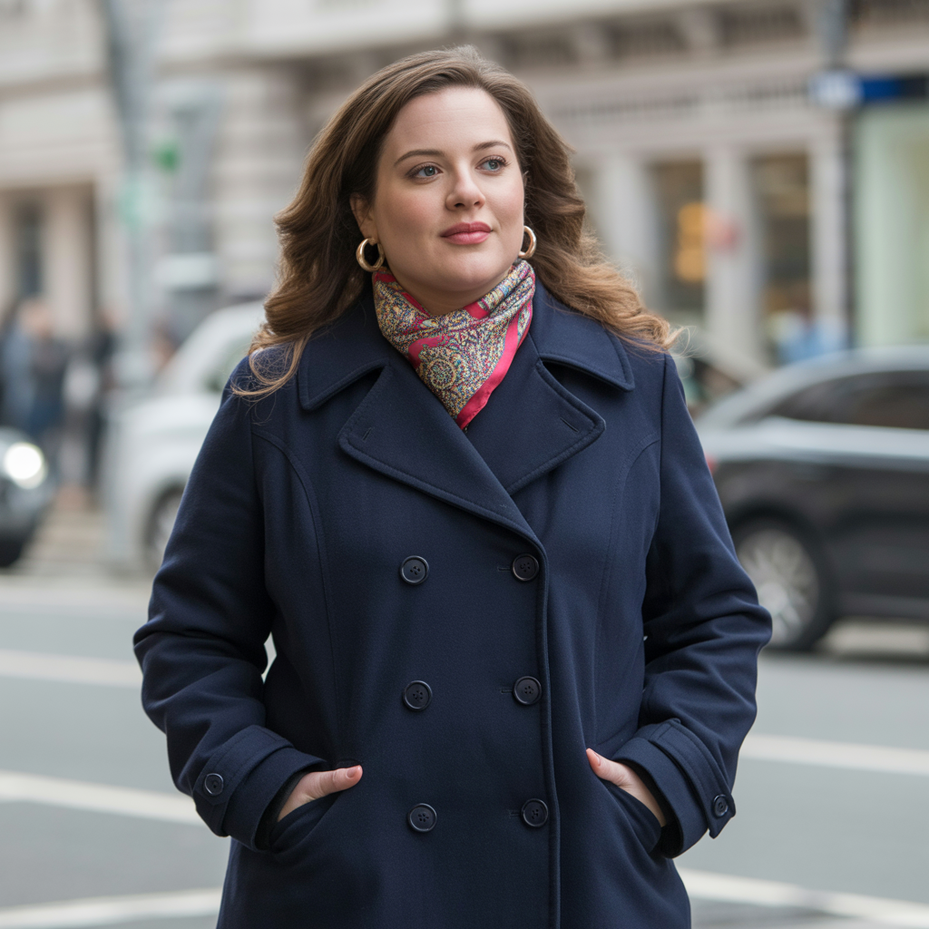 Plus Size Winter Outfits: 18 Chic Ideas to Stay Warm & Stylish 8 Pea Coat with Statement Scarf