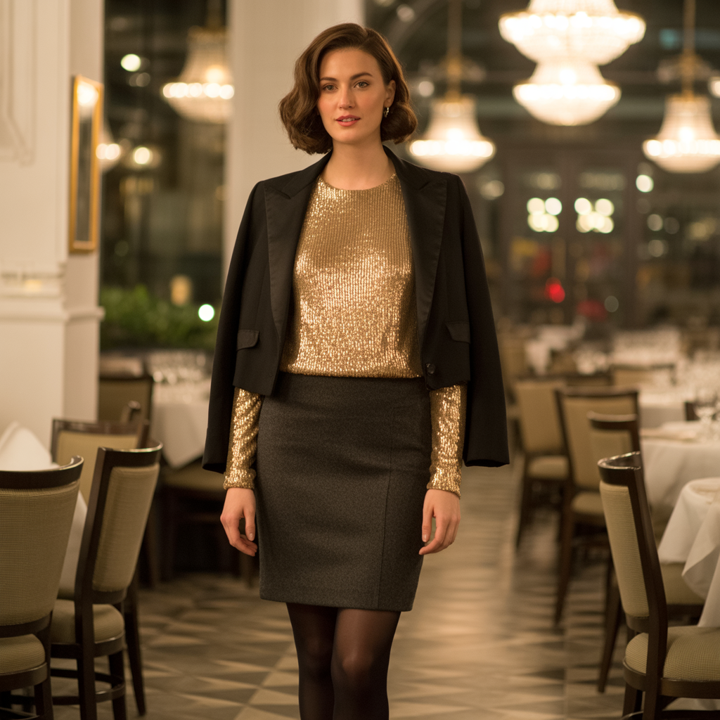 Sequin Top with Wool Pencil Skirt