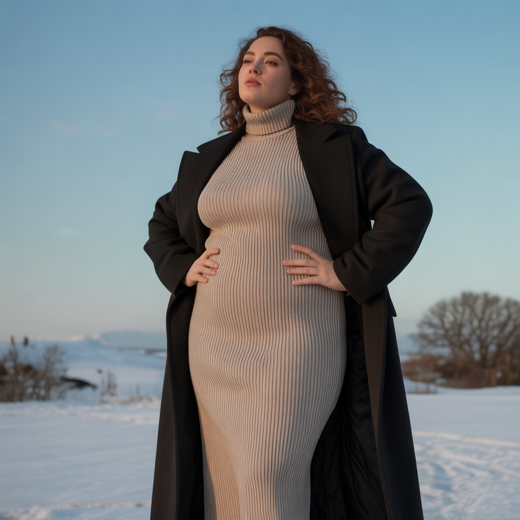 Plus Size Winter Outfits: 18 Chic Ideas to Stay Warm & Stylish 16 Turtleneck Maxi Dress with Long Coat