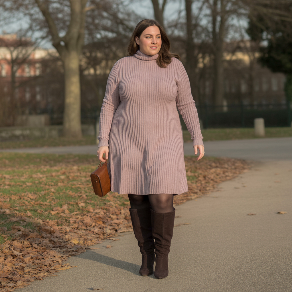 Plus Size Winter Outfits: 18 Chic Ideas to Stay Warm & Stylish 5 Sweater Dress with Tights and Tall Boots