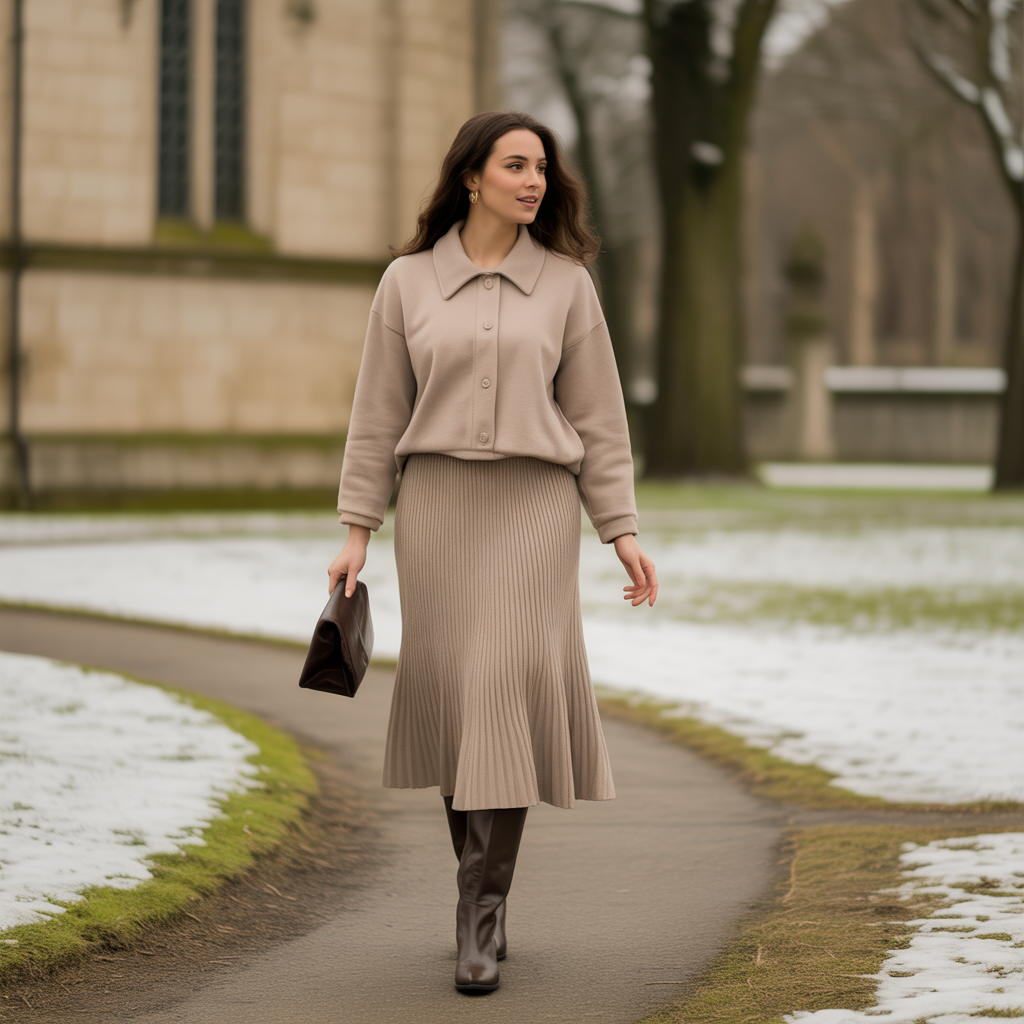 Knit Skirt Set with Knee Boots