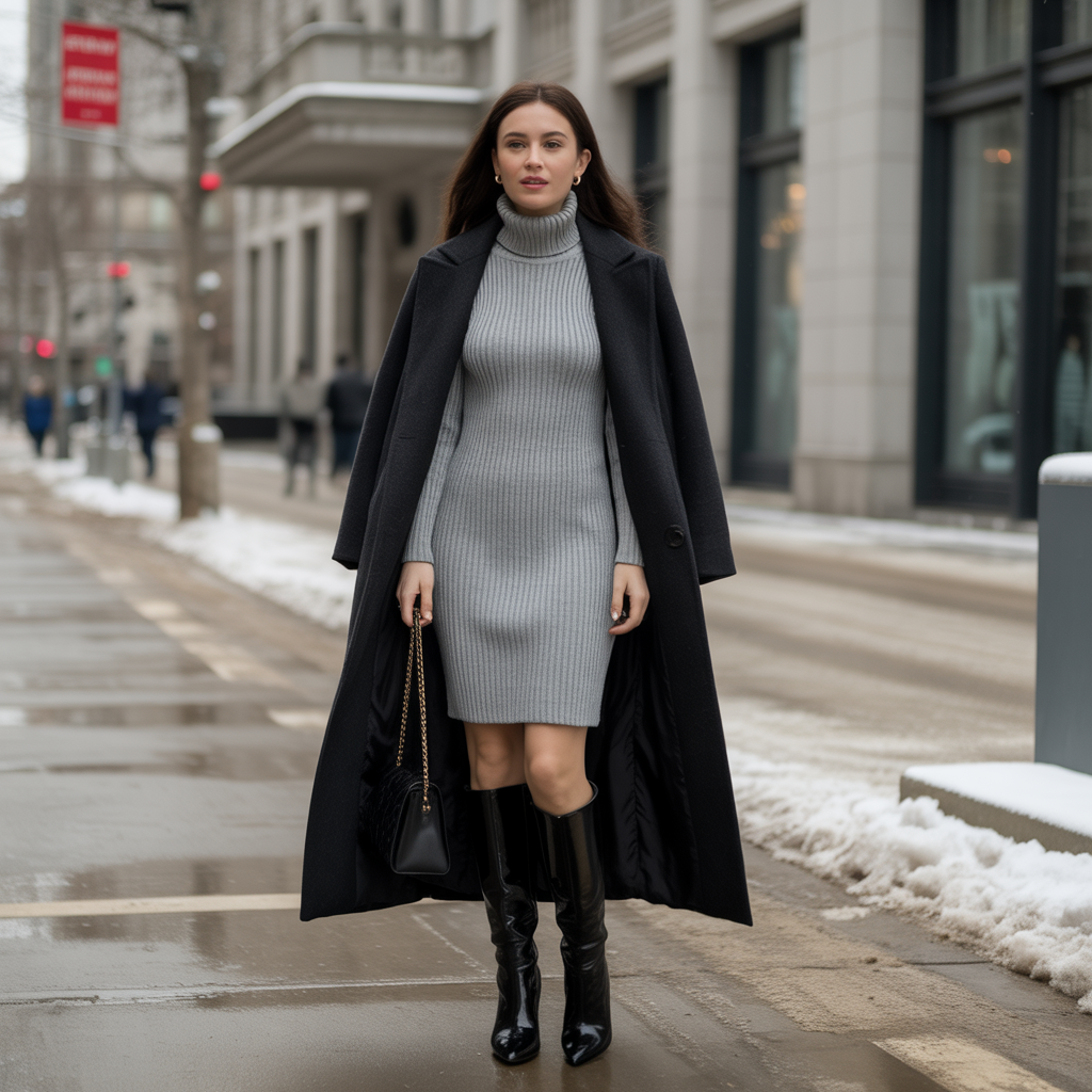 Turtleneck Dresses with Knee-High Boots