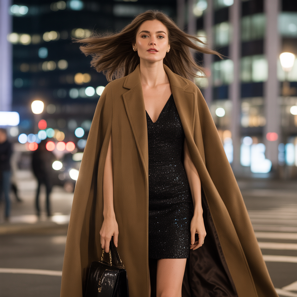 Longline cape over cocktail dress