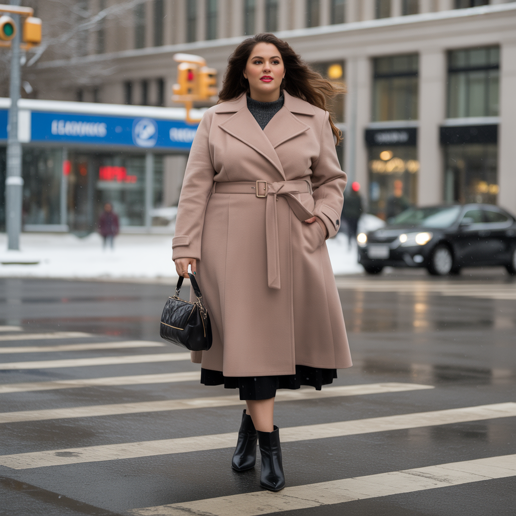 Plus Size Winter Outfits: 18 Chic Ideas to Stay Warm & Stylish 7 Wrap Coat with Midi Skirt and Ankle Boots