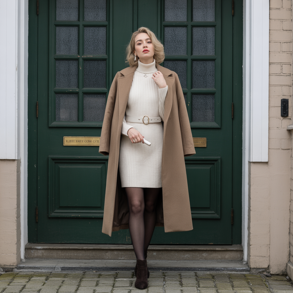 Sweater Dress with Belted Coat