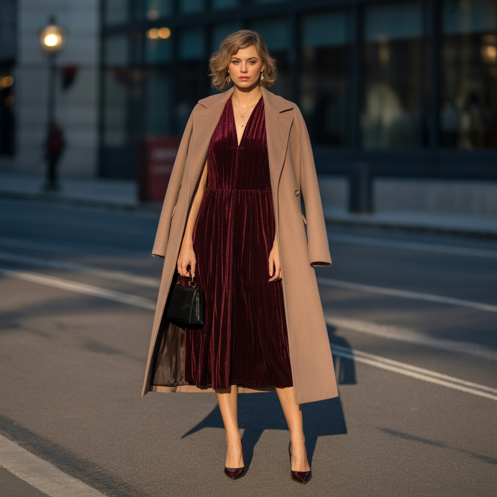 Velvet Dress with Wool Coat