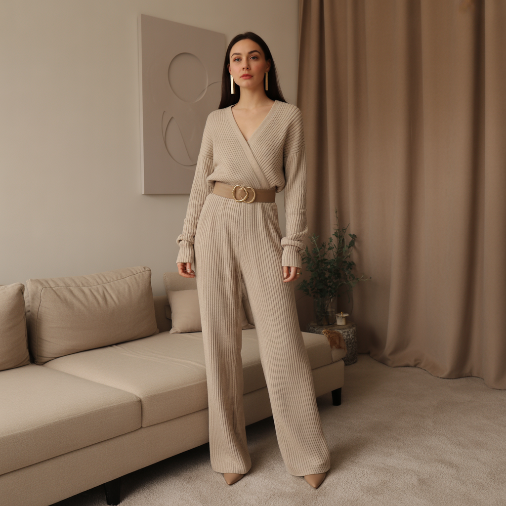 Knit jumpsuit with statement belt