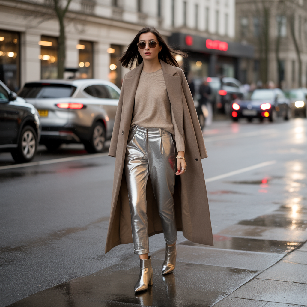 Metallic trousers with a neutral top