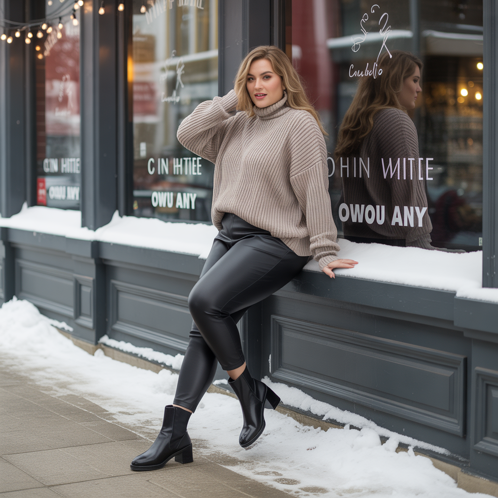 Plus Size Winter Outfits: 18 Chic Ideas to Stay Warm & Stylish 3 Chunky Knit Sweater with Faux Leather Leggings