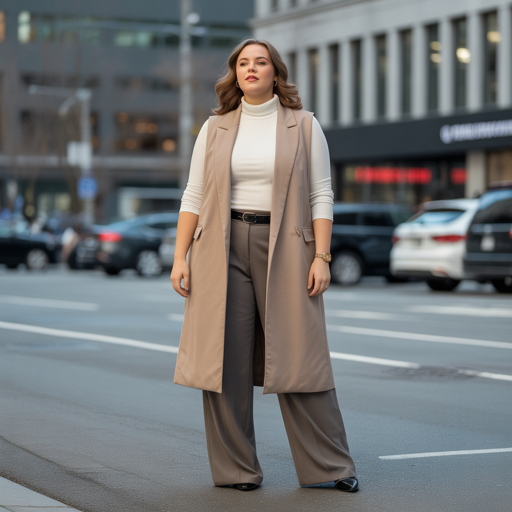 Plus Size Winter Outfits: 18 Chic Ideas to Stay Warm & Stylish 6 Longline Vest with Turtleneck and Wide-Leg Pants