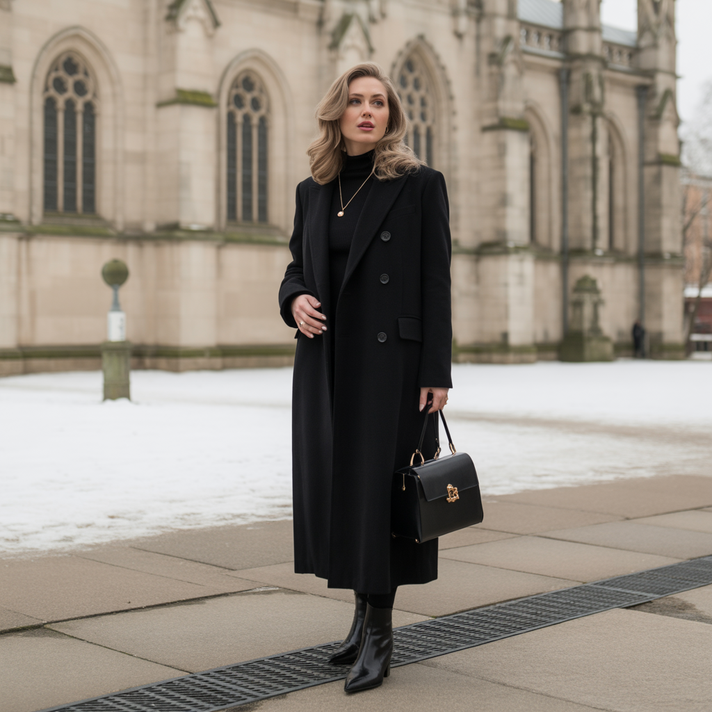 Long Wool Coat Over a Monochrome Ensemble