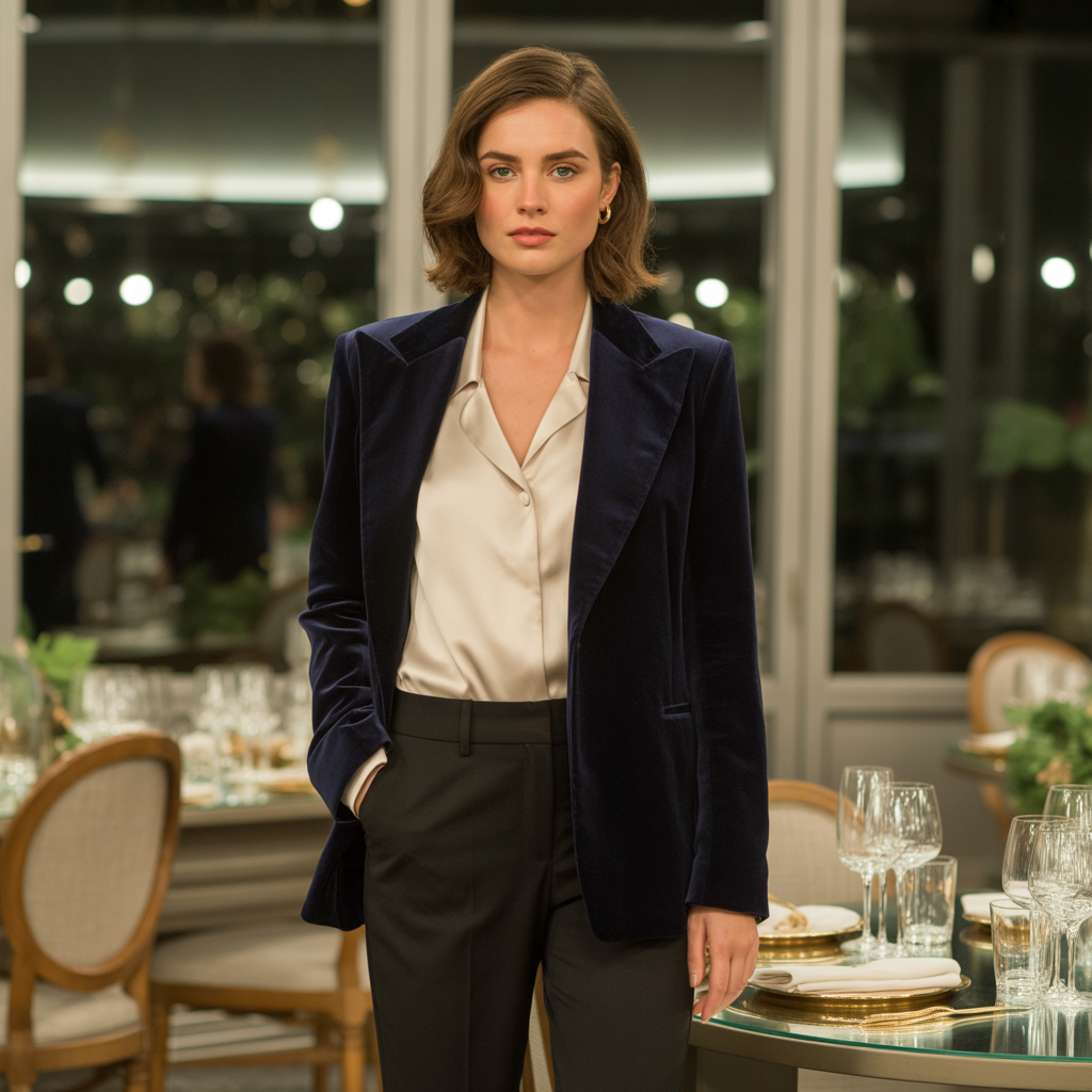 Velvet Blazer with Silk Blouse and Trousers