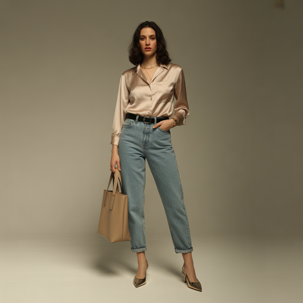Silk Blouse and Mom Jeans