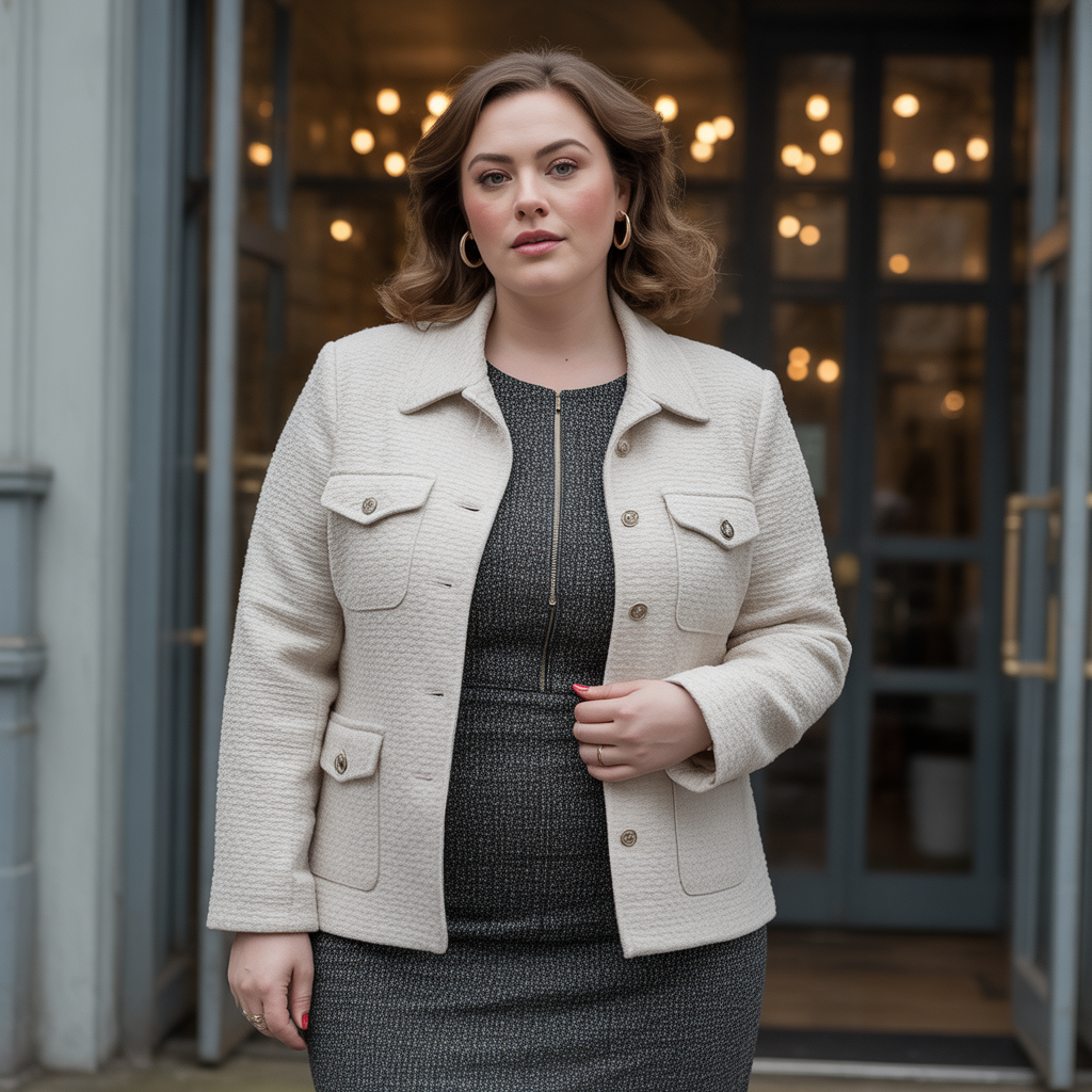 Plus Size Winter Outfits: 18 Chic Ideas to Stay Warm & Stylish 18 Bouclé Jacket over Dress or Pants