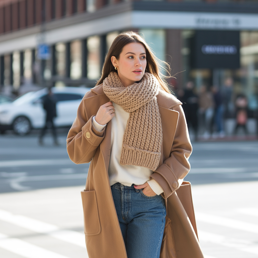 Wool Coats with Denim and Knit Scarves