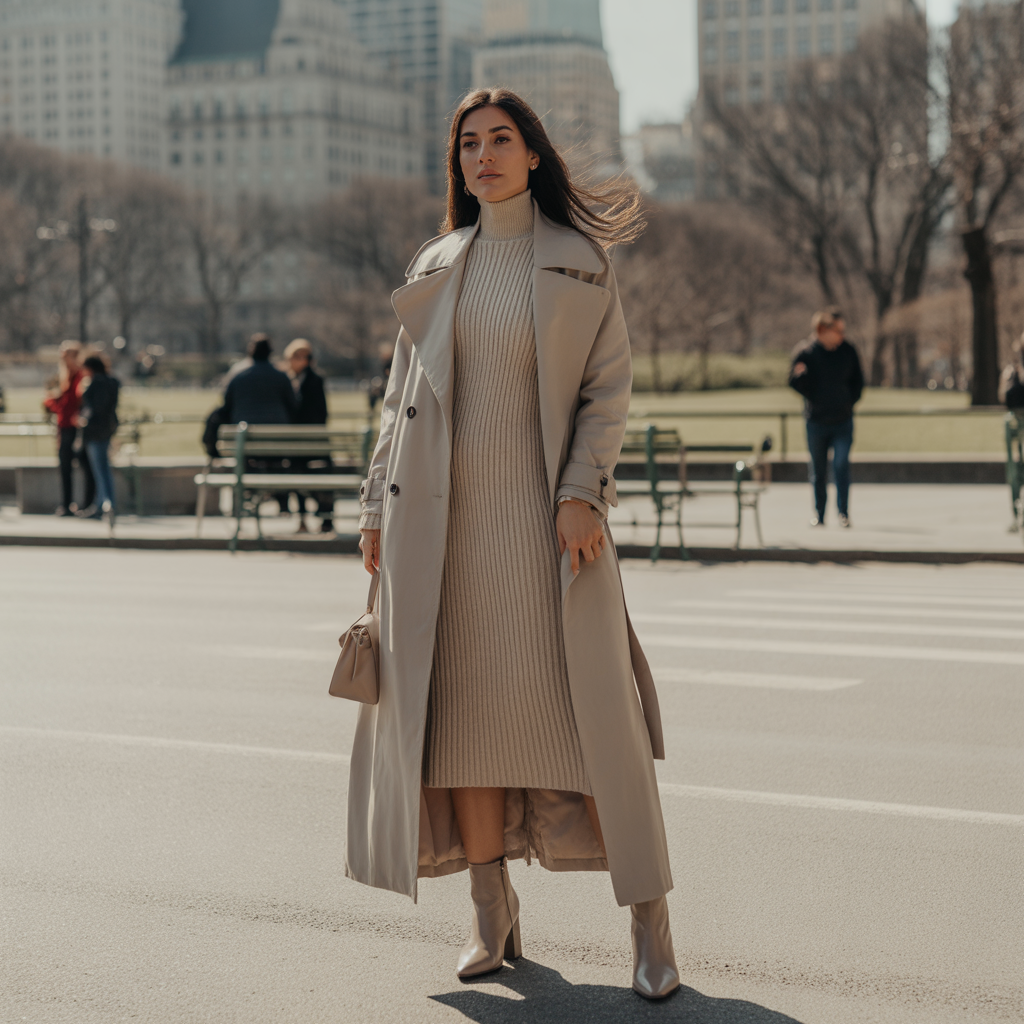 Longline Trench with Knit Dress