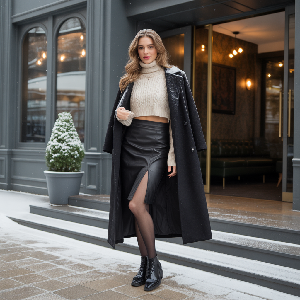 Faux Leather Midi Skirt with Knit Crop Top