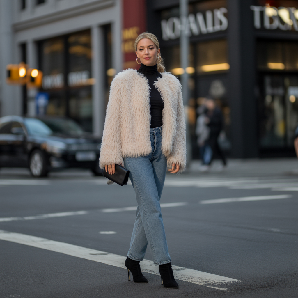Faux Fur Jackets with Straight-Leg Jeans