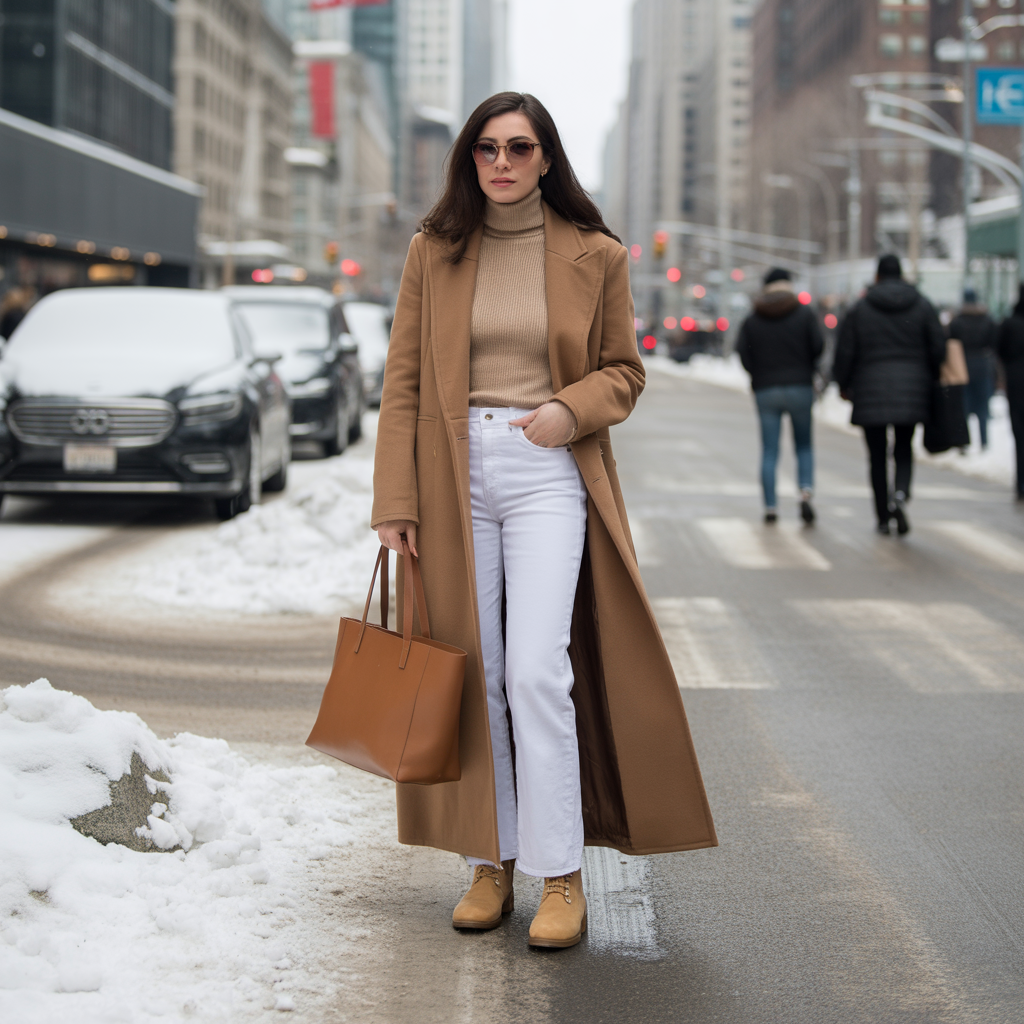 Camel Coat with White Jeans