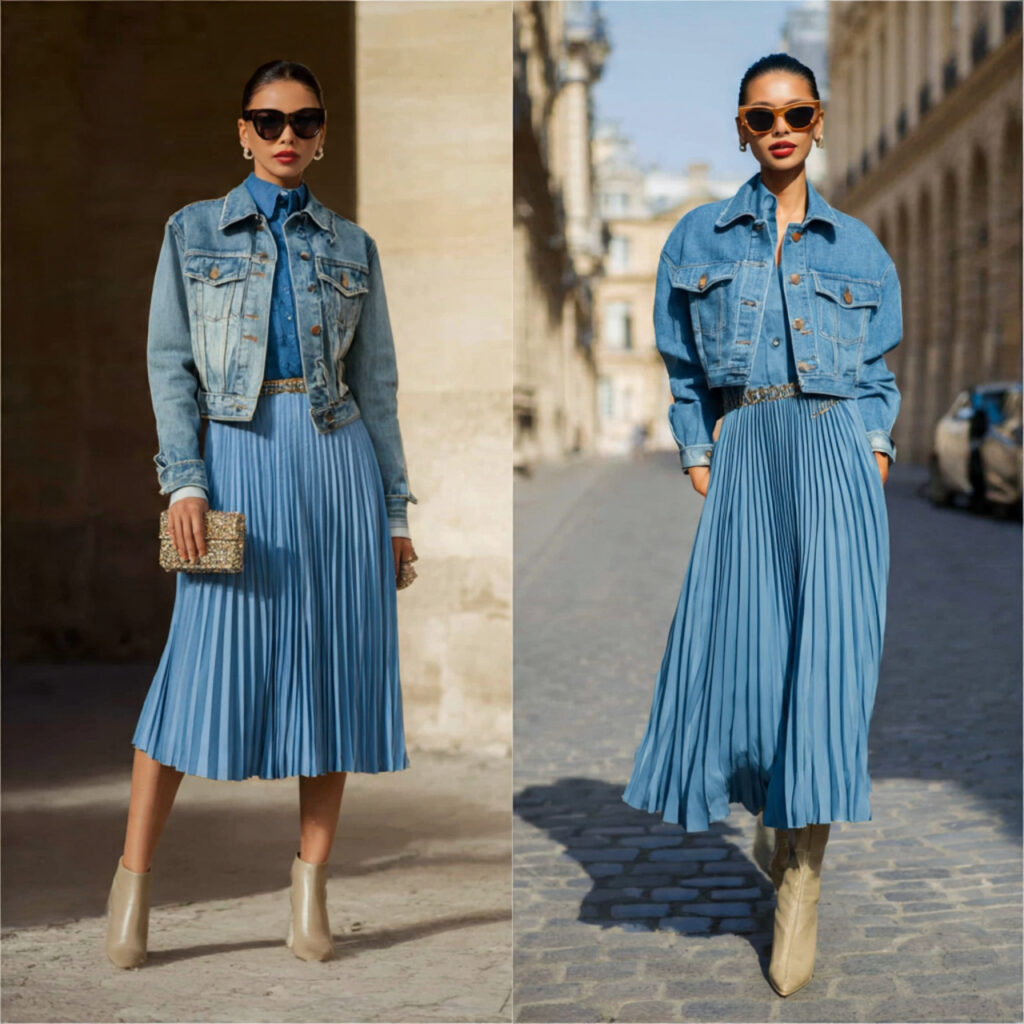 Denim Jackets with Pleated Skirts