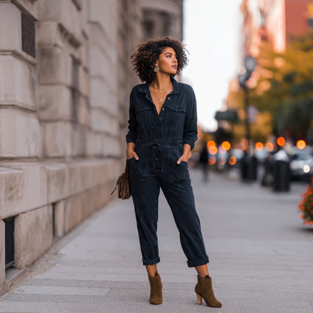 Denim Jumpsuits with Suede Ankle Boots
