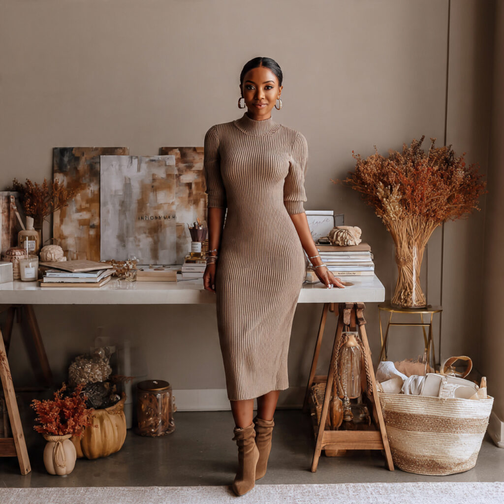 Ribbed Midi Dresses with Ankle Boots