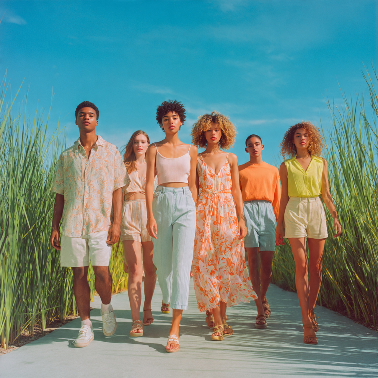 a bright stylish summer fashion scene featuring a