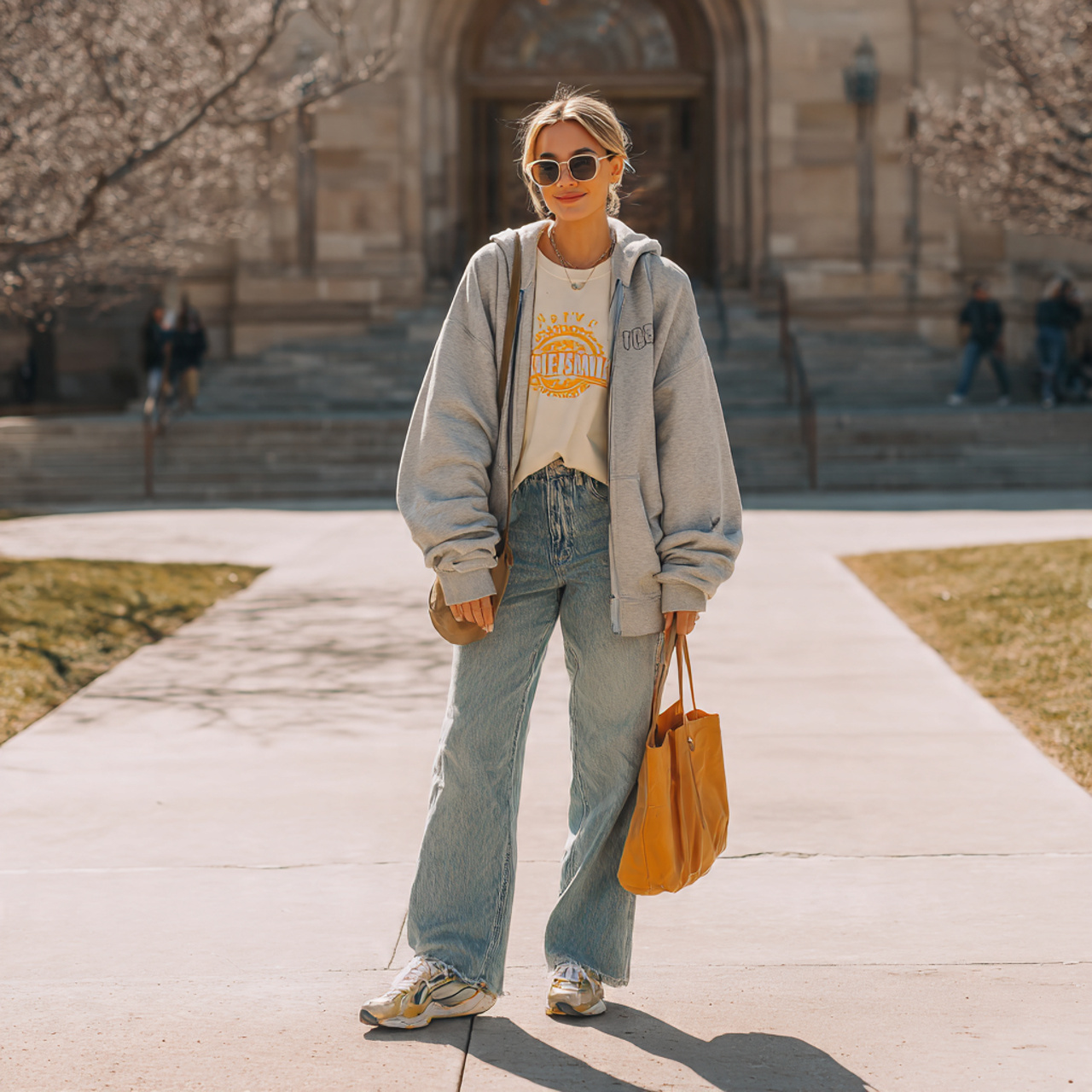 a modern college fashion scene featuring students