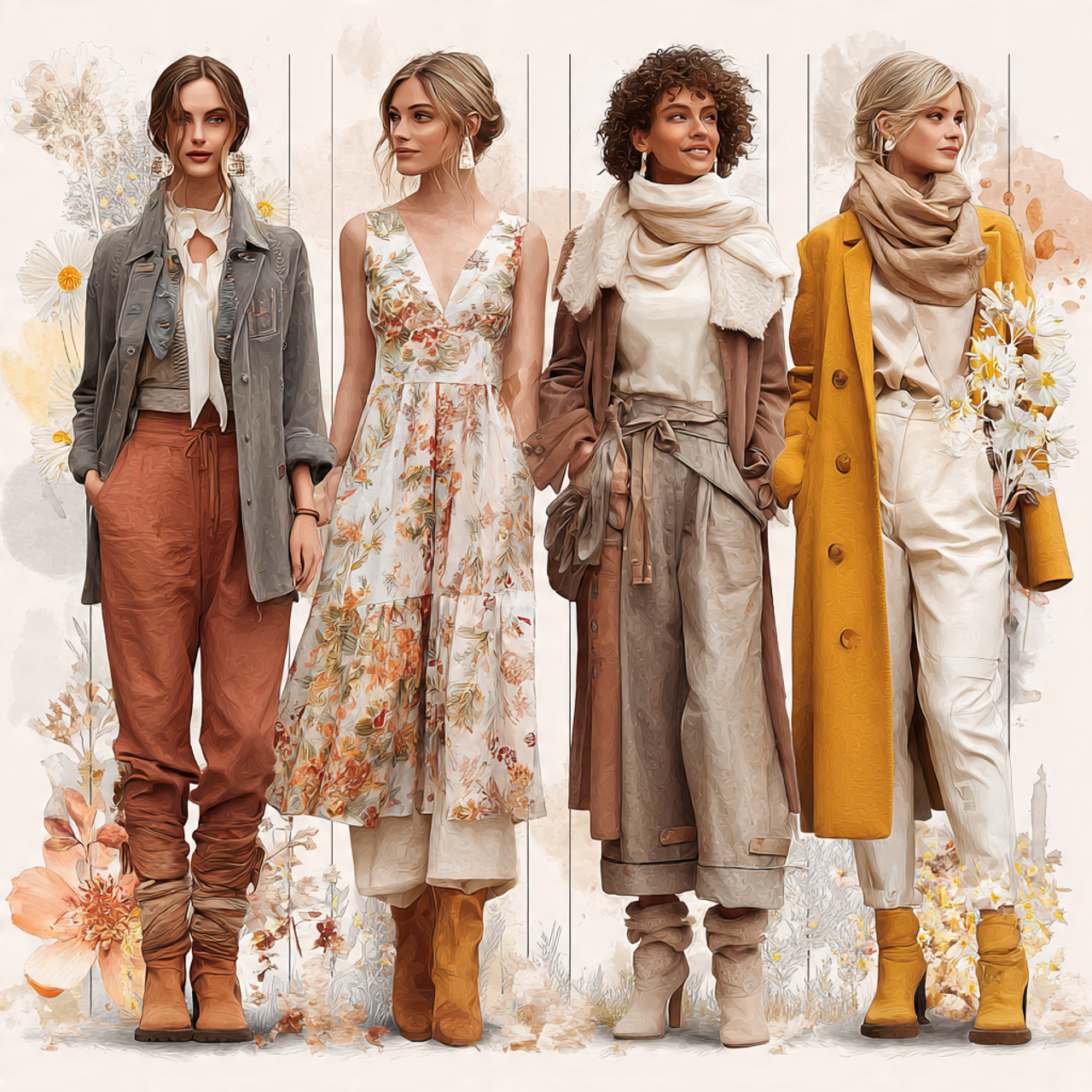 a stylish fashion collage scene showing outfits fo