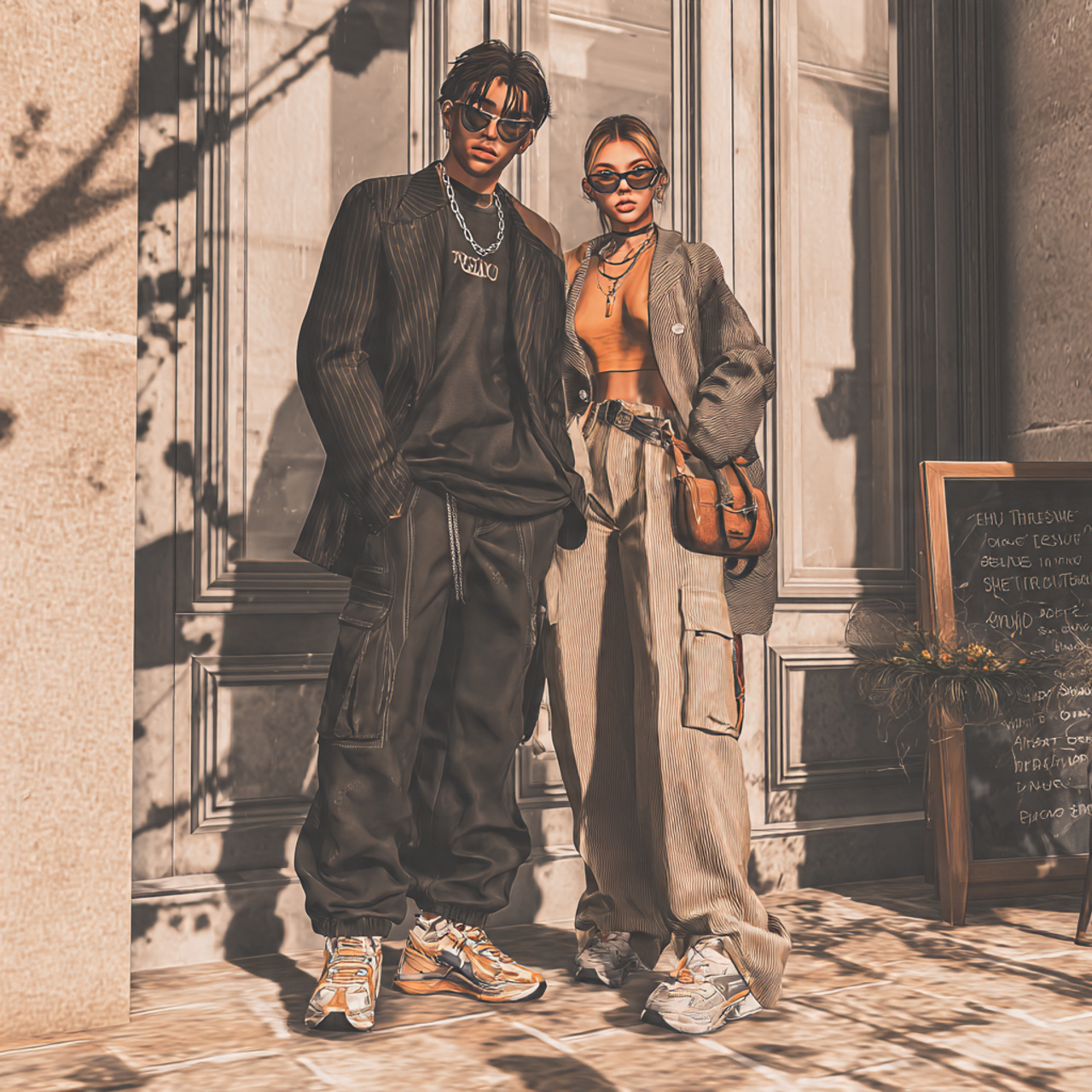 a stylish modern fashion scene featuring men and w