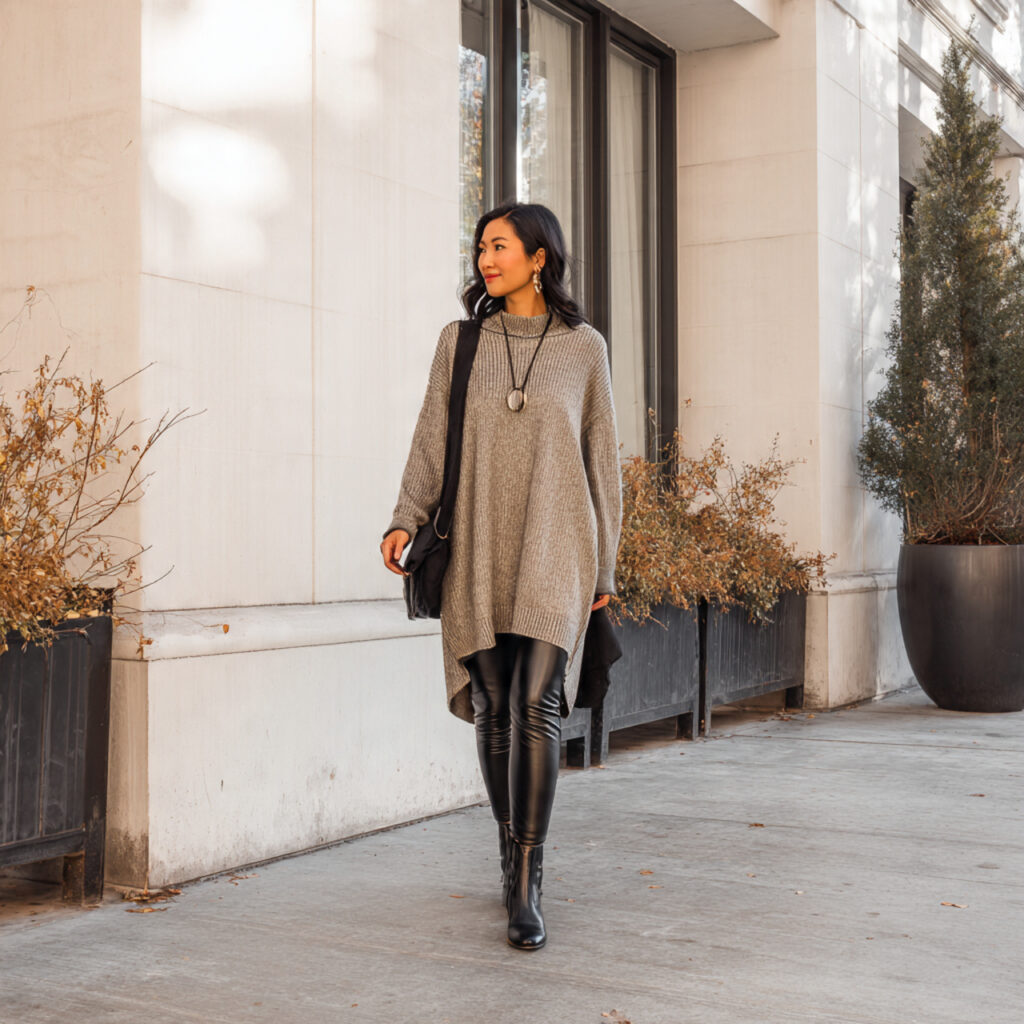 Faux Leather Leggings with Tunic Sweaters