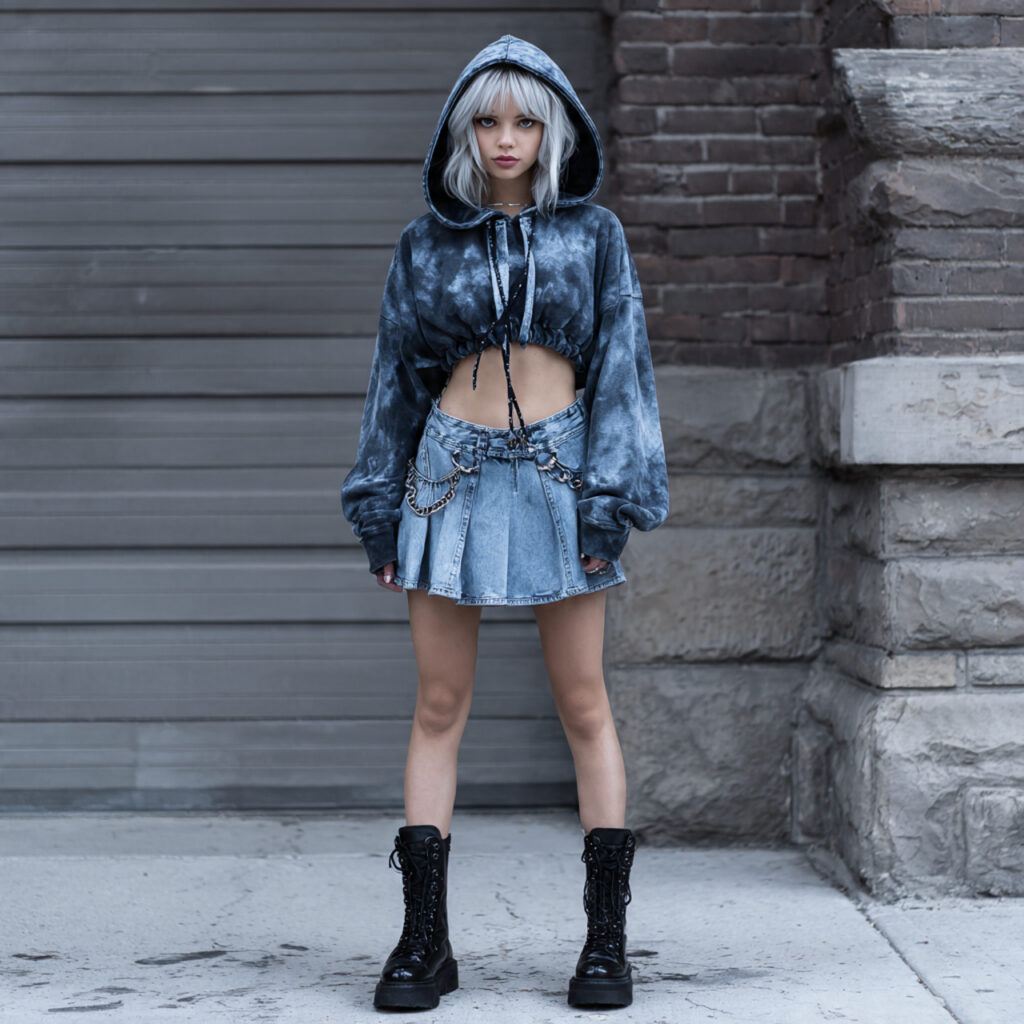 Acid Wash Denim Skirt with Cropped Hoodie