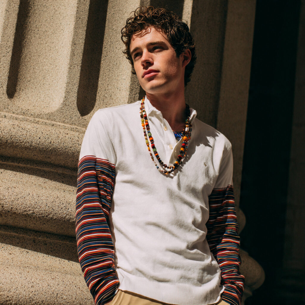 Beaded Necklaces and Striped Long Sleeve Polos