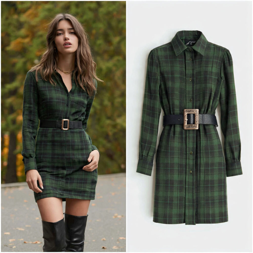 Belted Shirtdresses in Forest Green Flannel