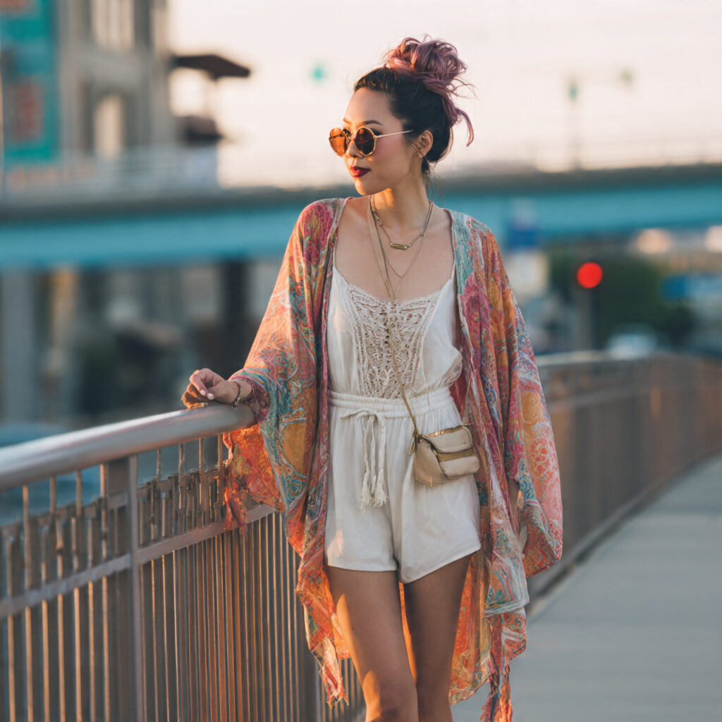 Bohemian Style Kimono Over Basic Tank and Shorts