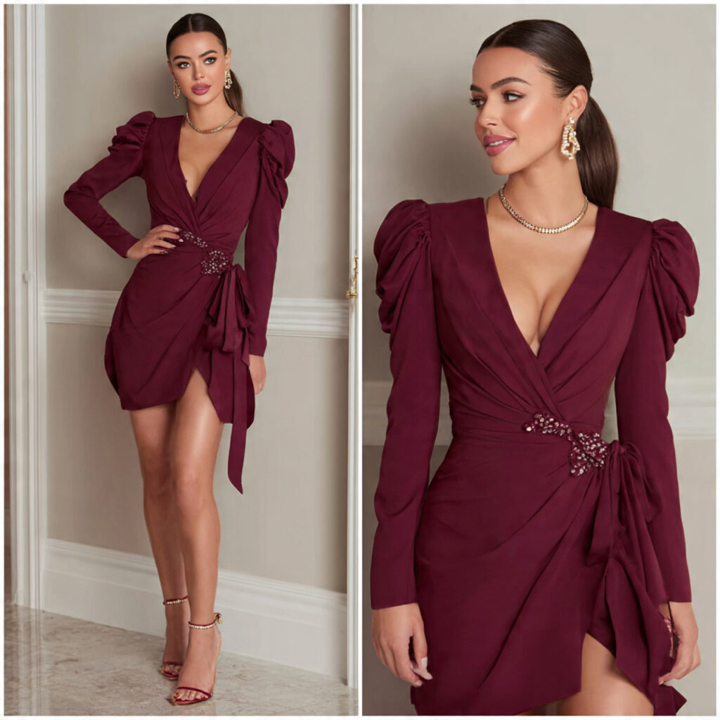 Burgundy Wrap Dresses with Structured Shoulders