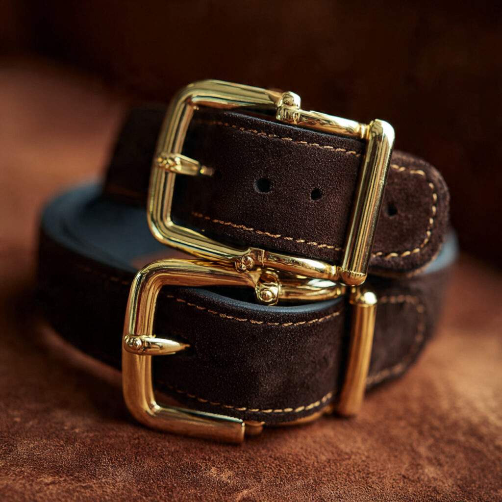 Burnished Gold Buckles and Deep Brown Suede