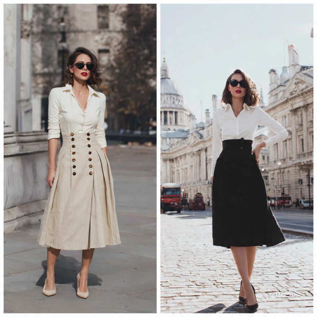 Button Front Midi Skirts with Basic Bodysuits