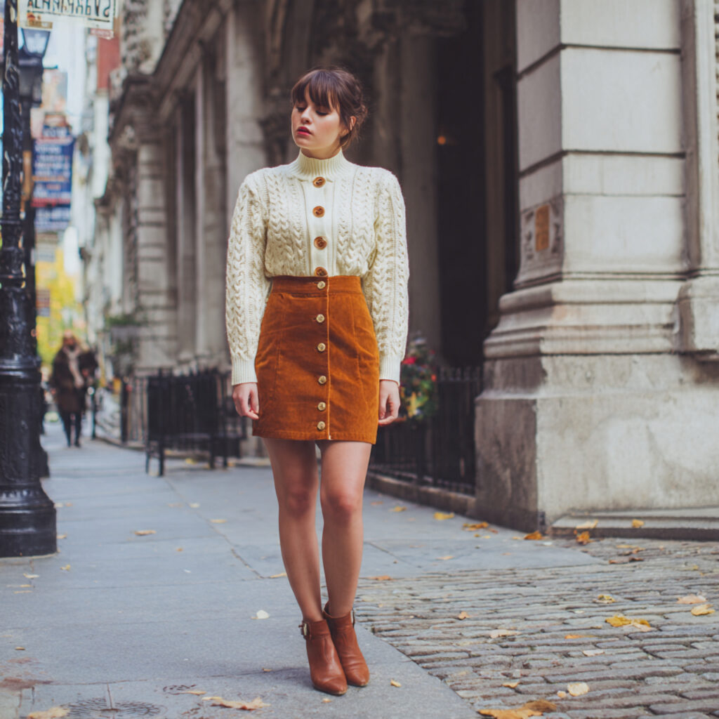Button Front Suede Skirt with Cream Cable Knit