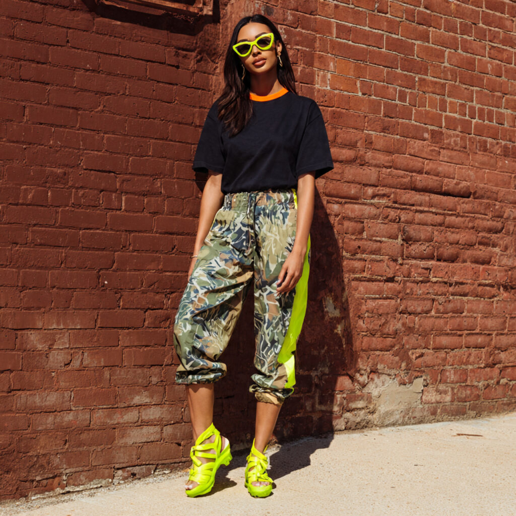 Camo Print Pants and Neon Accent Baby Tee