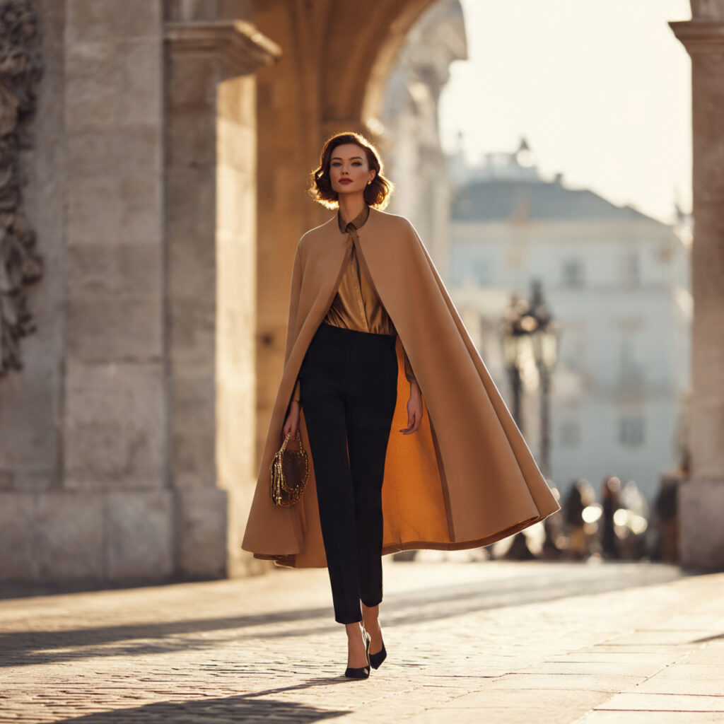 22 Best European Fall Outfits Ideas for a Sophisticated Wardrobe 17 Cape Coats over Slim Fit Trousers