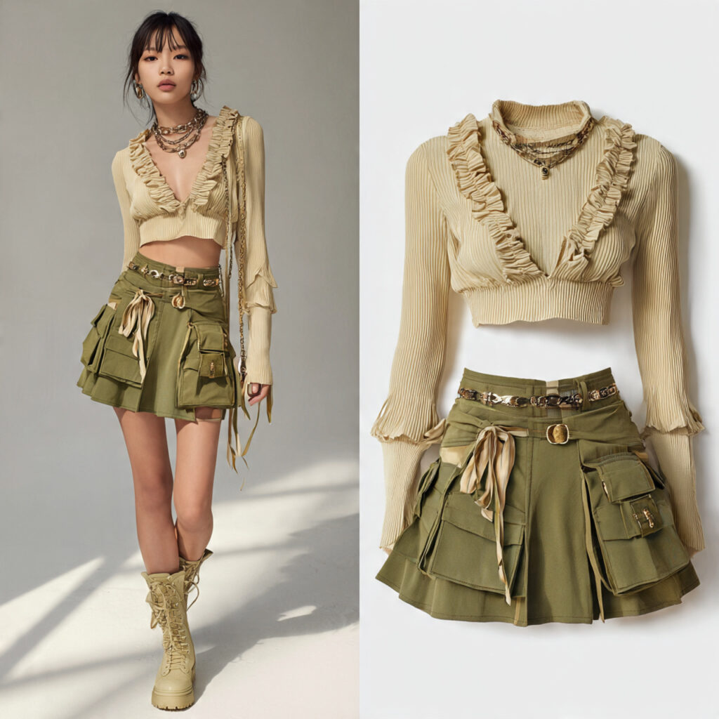 Cargo Mini Skirt and Ribbed Lettuce Trim Top