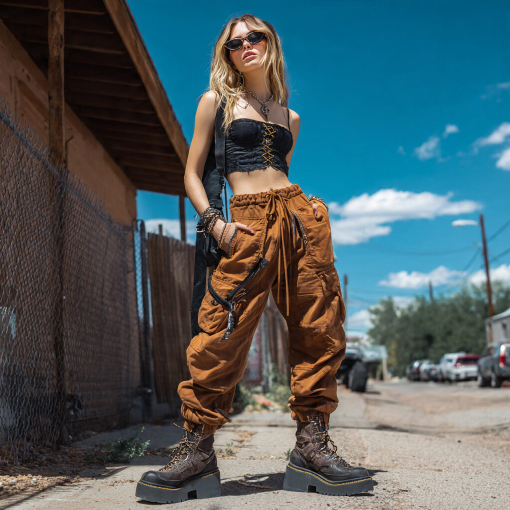 Cargo Pants with Corset Style Top and Platform Shoes