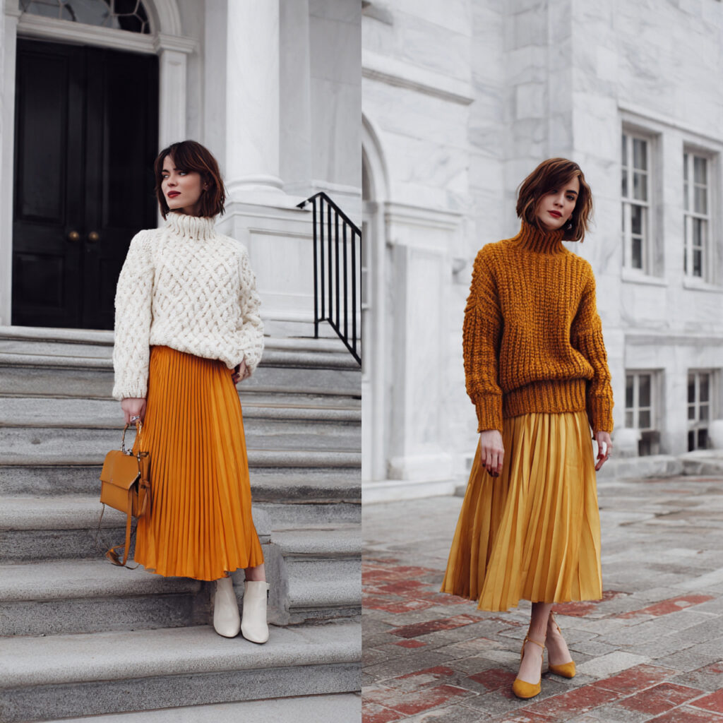 Chunky Knit Sweaters tucked into Midi Pleated Skirts